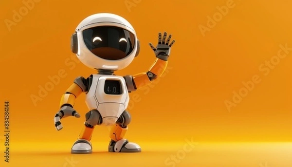 Obraz Friendly White and Orange Robot Waving on Orange Background