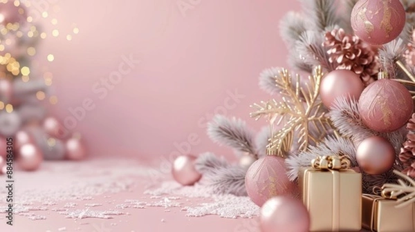 Obraz Merry Christmas and New Year. Festive composition. Beautiful pink Christmas design. Fir branches, shiny golden balls, confetti and baubles. Christmas background.