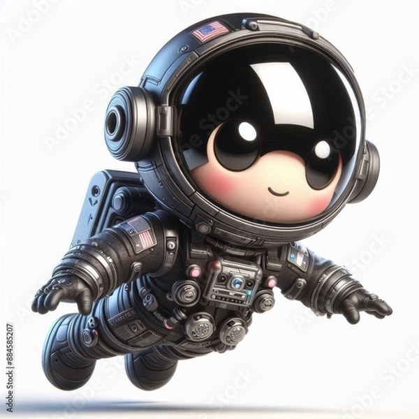 Fototapeta A delightful 3D little astronaut boy mascot, wearing a space suit, depicted standing, posing, walking, and floating in space, isolated on a white background