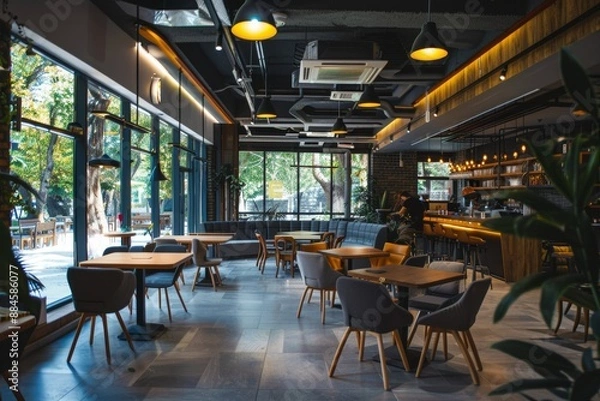 Fototapeta A trendy cafeteria with large windows, wooden tables, and modern lighting