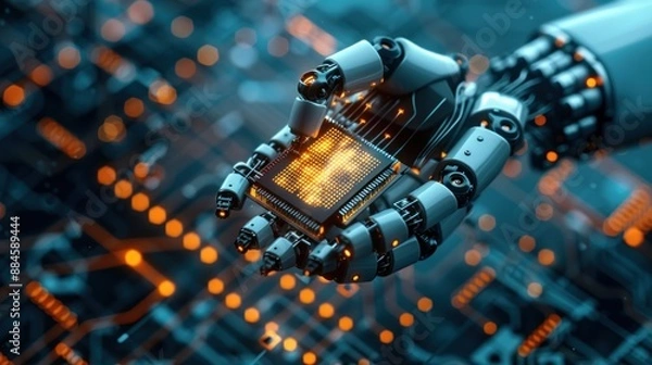 Fototapeta Robotic Hand Holding a Microchip