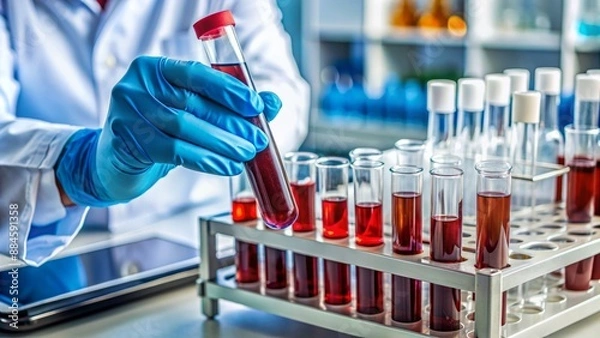 Fototapeta A sterile glove cradles a blood-filled vial amidst rows of labeled tubes and equipment on a laboratory workstation counter.