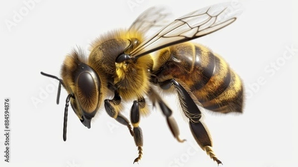Obraz Intricate and lifelike 3D vector rendering of a bee isolated on a white backdrop, depicting the process of collecting honey or propolis.