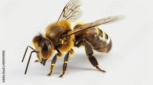 Fototapeta Intricate and lifelike 3D vector rendering of a bee isolated on a white backdrop, depicting the process of collecting honey or propolis.