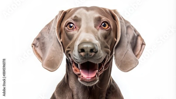 Fototapeta Adorable small brown Weimaraner dog with floppy ears and happy expression posing on isolated transparent background.
