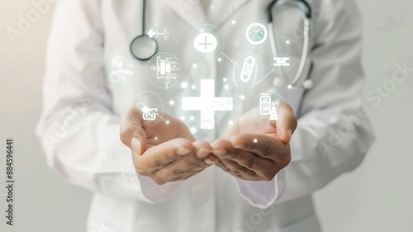 Fototapeta Symbols of Home Health Care: The World of Telehealth and Online Medical Services.在宅医療の象徴: テレヘルスとオンライン医療サービスの世界.