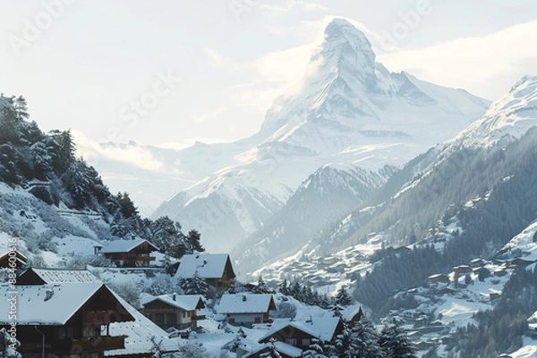 Obraz Serene mountain village nestled among snow-capped peaks isolated on transparent background