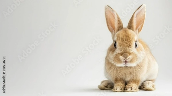 Fototapeta Fluffy bunny sitting and staring curiously at the camera, isolated on white