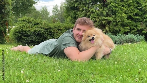Fototapeta Young man is lying on green grass in park with his cute little Pomeranian Spits dog, guy play, hug and scratch his puppy at summer day