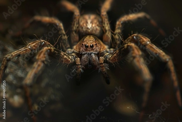 Fototapeta Highdetail macro photography of a brown spider with focus on its eyes against a dark backdrop