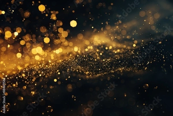 Fototapeta Magical golden sparkles dance in the dark. Like fairy dust or champagne bubbles, they swirl and float, creating a dreamy glow.
