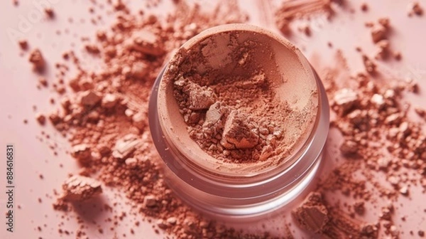 Fototapeta View of open jar with loose powder in beige and bronze tones on scattered powder sample Makeup concept