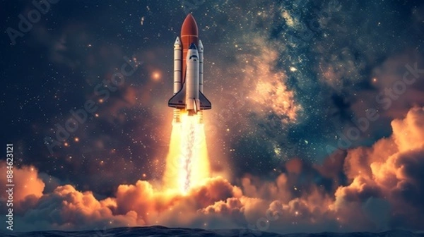 Fototapeta A rocket ship blasts off into space, symbolizing the launch of a new business or the pursuit of ambitious goals.