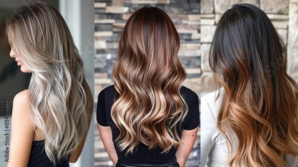 Fototapeta A beautiful representation of the balayage technique, highlighting natural gradients in hair color, expertly blending dark roots with lighter ends for a sophisticated look.