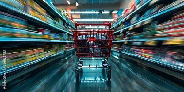Obraz Red shopping cart racing down a supermarket aisle products and shelves slightly blurred to highlight the speed and motion captured in vivid detail
