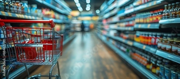 Obraz Supermarket aisle with neatly stocked shelves featuring an empty red shopping cart in focus with a blurred customer background for added depth