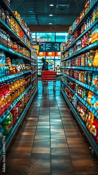Obraz Vivid supermarket aisle with a prominent empty red shopping cart rows of products on either side and a subtly blurred customer for depth.