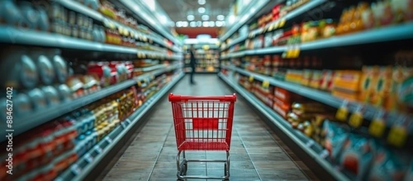Obraz Wide supermarket aisle scene showcasing an empty red shopping cart fully stocked shelves and a softly blurred customer background creating a dynamic shopping environment.