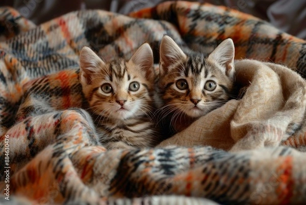 Fototapeta Two adorable tabby kittens cozying up in a warm plaid blanket with curious eyes