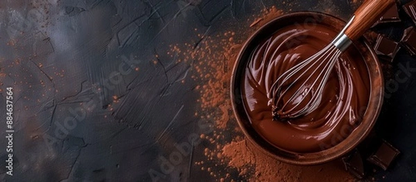 Fototapeta A bowl of chocolate sauce is sitting on a counter with a wooden spoon in it
