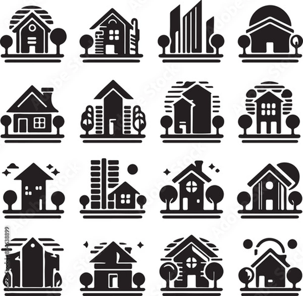 Fototapeta set of home and building icon black filled, home logo style, real estate logo, towers icon pack, vector home, trees, modern, house property
