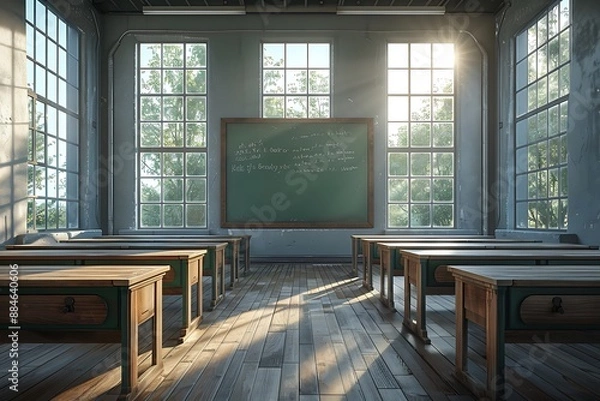 Obraz Empty classroom with rows of wooden desks and a green chalkboard in the background, sunlight streaming through large windows, creating a serene atmosphere.