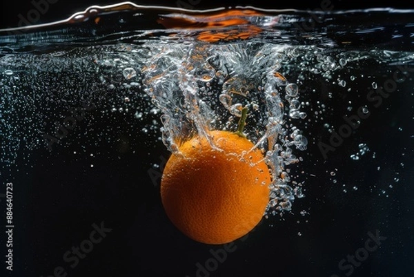 Fototapeta Fresh Temple Orange falling into the water with a splash on a black background