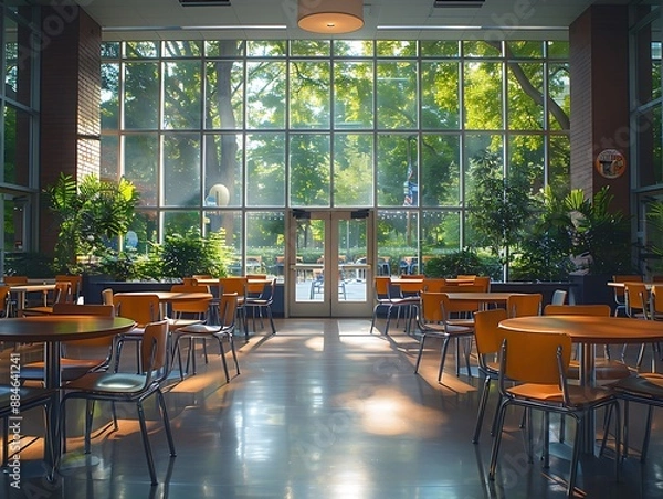 Obraz An empty cafeteria with neatly arranged tables and chairs, ready for students to return.
