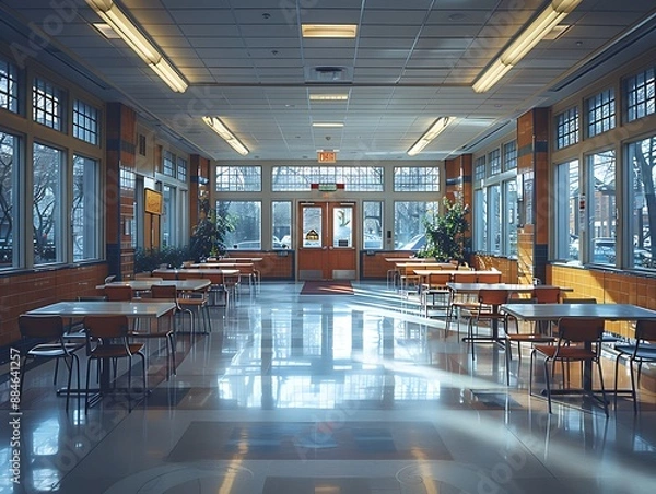 Obraz An empty cafeteria with neatly arranged tables and chairs, ready for students to return.