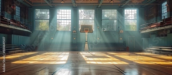 Obraz An empty gymnasium with basketball hoops, folded bleachers, and sunlight streaming through windows.