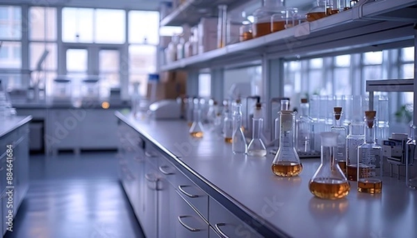 Obraz An empty science lab with clean, organized countertops and glass beakers, ready for new experiments.