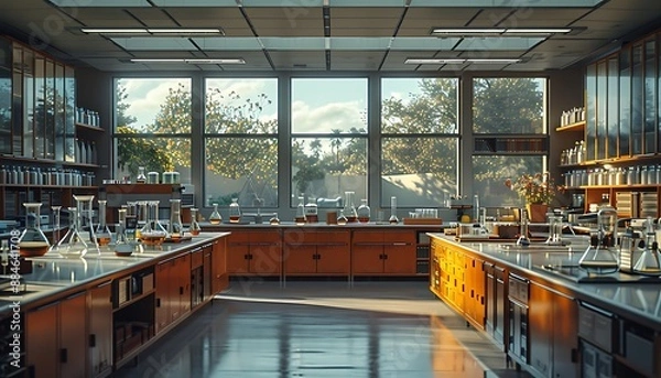 Obraz An empty science lab with clean, organized countertops and glass beakers, ready for new experiments.
