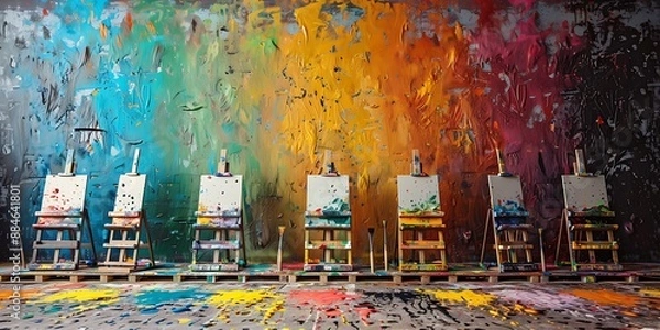 Obraz An organized art room with empty easels, paintbrushes, and a colorful paint splatter backdrop.