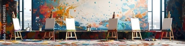 Obraz An organized art room with empty easels, paintbrushes, and a colorful paint splatter backdrop.
