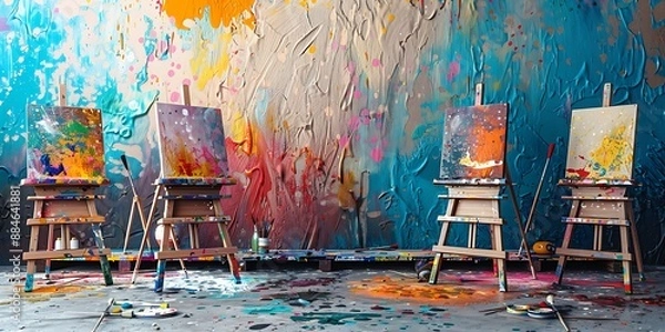 Obraz An organized art room with empty easels, paintbrushes, and a colorful paint splatter backdrop.