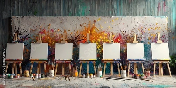 Obraz An organized art room with empty easels, paintbrushes, and a colorful paint splatter backdrop.