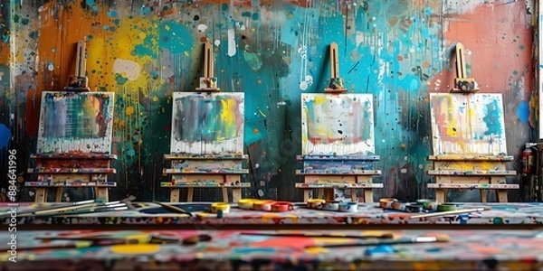 Fototapeta An organized art room with empty easels, paintbrushes, and a colorful paint splatter backdrop.