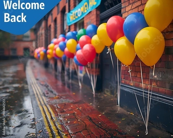 Obraz A bright and welcoming school entrance with a "Welcome Back" banner, balloons, and colorful decorations.
