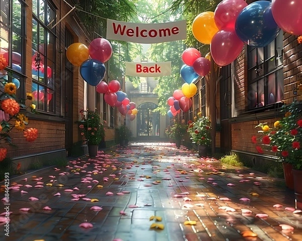 Obraz A bright and welcoming school entrance with a "Welcome Back" banner, balloons, and colorful decorations.