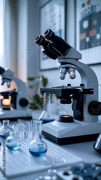 Fototapeta A clean and organized science lab with microscopes, test tubes, and a periodic table poster.