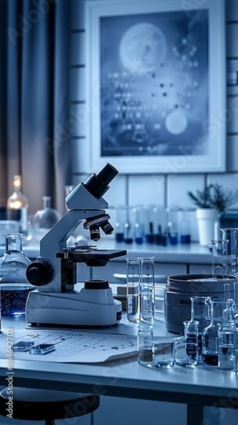 Obraz A clean and organized science lab with microscopes, test tubes, and a periodic table poster.