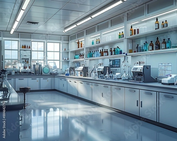 Obraz A clean and organized science lab with empty lab stations, glassware, and chemical bottles on shelves.