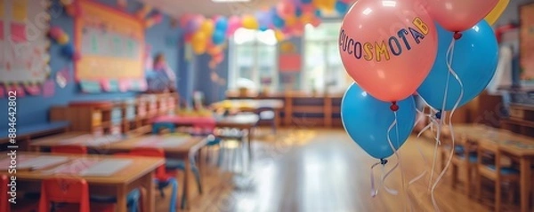 Obraz A close-up shot of a welcome banner hanging in a brightly decorated classroom, with colorful balloons and streamers.