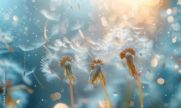 Fototapeta Delicate dandelion seeds floating in the wind, representing a desperate flight. Soft focus on the seeds with a blurred background creates a serene atmosphere