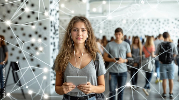 Fototapeta young student with electronic device in hand and headphones in front of a group of other students, lines show the network connections