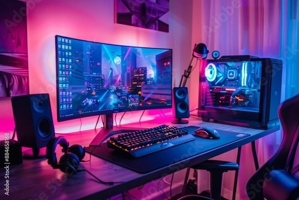 Obraz Modern Gaming Setup With Vibrant Pink and Blue Lighting