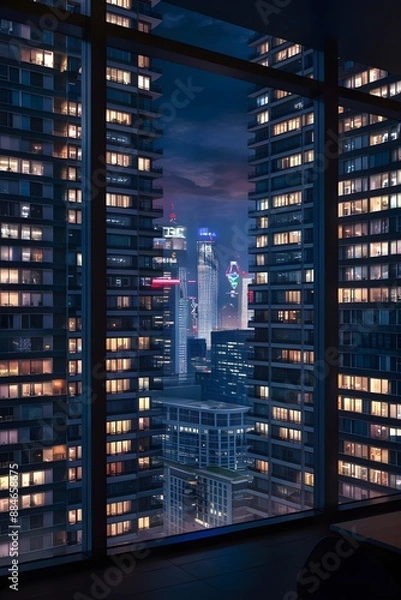 Fototapeta Modern City Skyscraper Architecture: Urban Business Skyline View from Glass Window with Night Lights, Office Districts, Cityscape, Downtown Office Towers, Urban Architecture, and Business Landmarks.