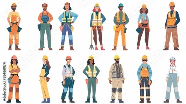 Fototapeta Sixteen construction workers are illustrated, each dressing in diverse work attire and safety gear. Some wield tools while showcasing their readiness to tackle various construction tasks.