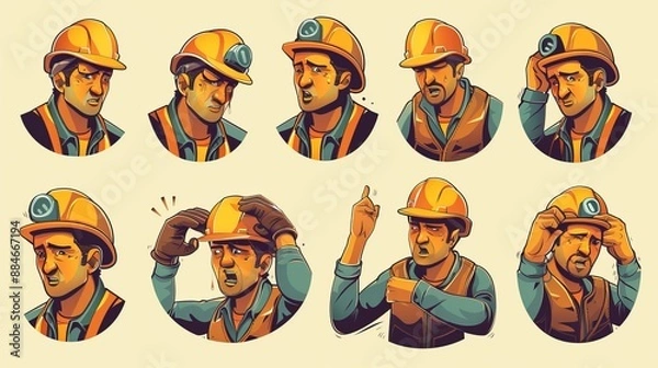 Fototapeta A series of animated miners in yellow helmets showing a range of emotions from determination to frustration, highlighting the challenges and dedication in mining professions.
