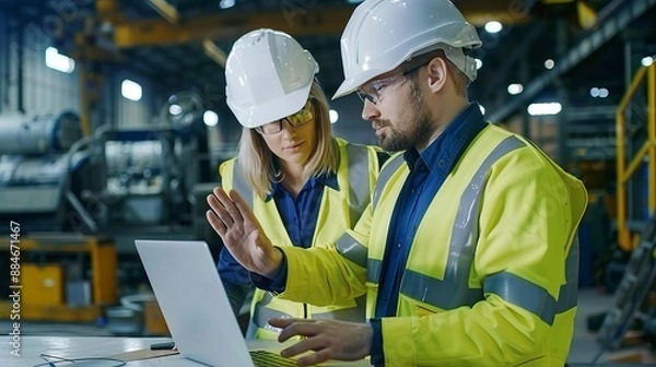 Fototapeta Two industrial engineers in high-visibility jackets and safety helmets collaborating over a laptop in a factory, emphasizing teamwork, safety, and technical precision.
